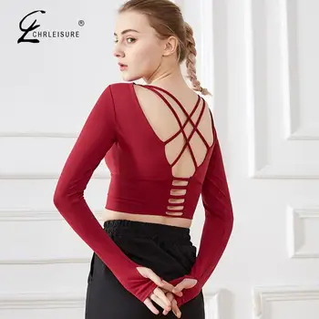 

Solid High Stretch Fitness T-shirt Sexy Cross Backless T-shirt Gym Long Sleeve O-Neck Running Tshirts Women