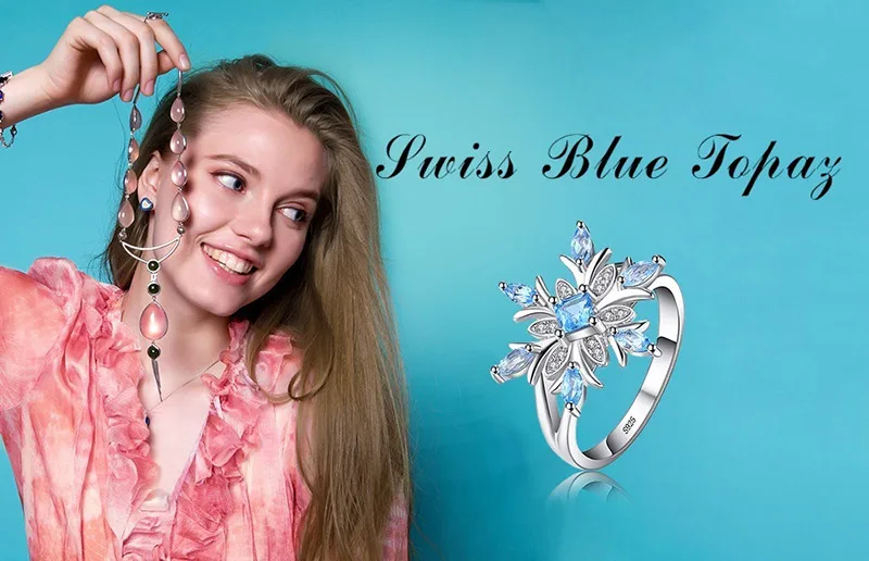 Bague Ringen, Женские Ювелирные изделия, аквамарин, серебряное кольцо 925 для женщин, цветок, снежинка, голубые драгоценные камни, кольца на годовщину, подарки