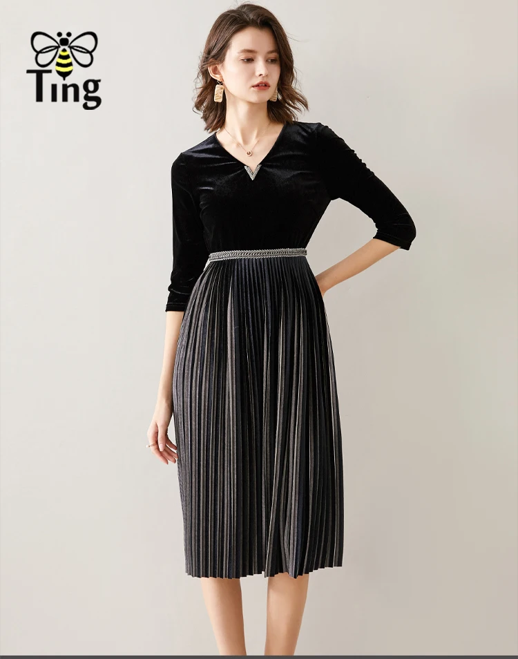 Tingfly, винтажное, 4XL размера плюс, бархатное Плиссированное Платье, для женщин, для офиса, для работы, до колена, с бисером, v-образный вырез, бархатное платье, повседневное, весна, шик