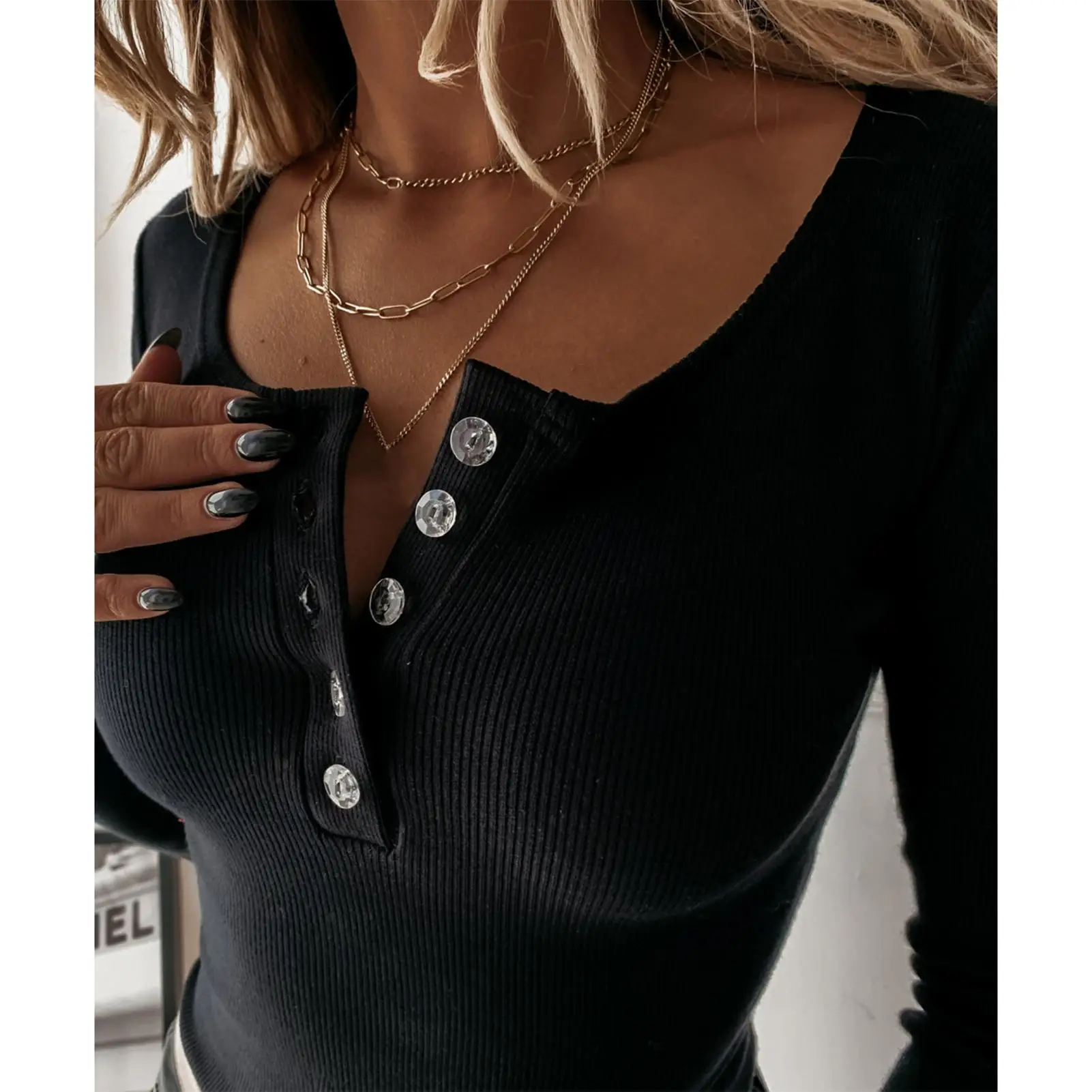 Autumn Women Blouse Sexy V Neck Button Long Sleeve Solid Color Slim Pullover Top Women's Clothing blusas elegantes  para mujer
