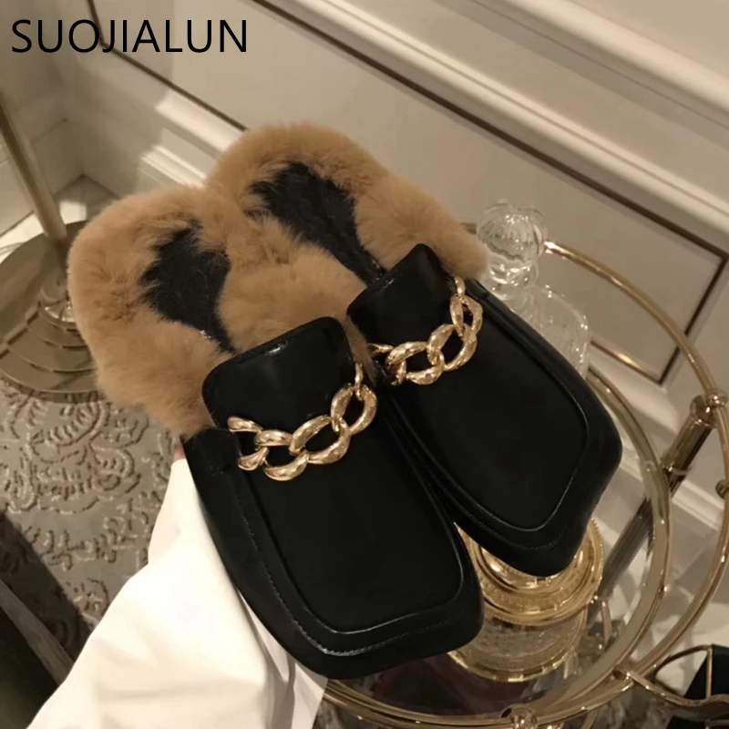SUOJIALUN/зимние женские шлепанцы; брендовые Роскошные Шлепанцы из кроличьей шерсти с металлической цепочкой; женские высококачественные меховые шлепанцы без застежки