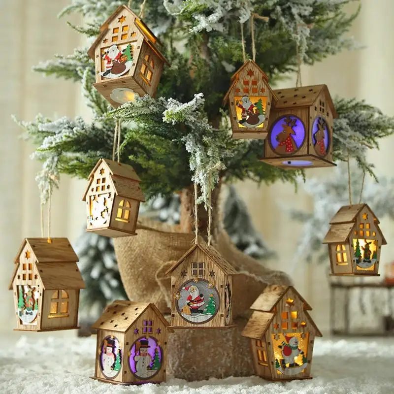 Navidad деревянная в форме домика мультяшная кукла украшения с световым окном Рождественская елка кулон рождественские украшения для дома