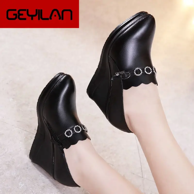 

Deep Mouth Leather Shoe Black Platform Shoes High Heels Fashion Crystal Dance Shoes For Ladies Women's Pumps Wedge Shoes