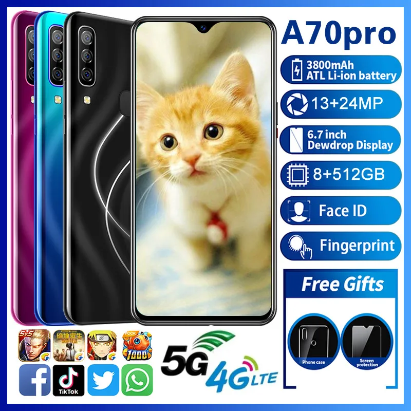 

Smartphone A70pro MTK6595 Octa Core 4G LTE 5G Mobile phone 8GB+512GB Camera 13MP+24MP Screen 6.7"HD+1440*3040 3800mAh phones