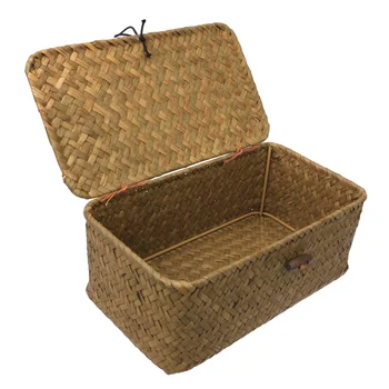 

1PC Straw Basket Woven Box with Lid Cosmetic Organizer for Bedroom Living Room
