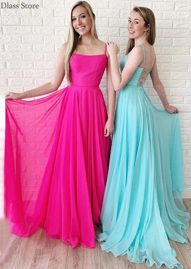 

Fuscia Evening Dress 2020 Chiffon Simple Spaghetti Strap A-line Floor Length Sleeveless Backless Prom Dress