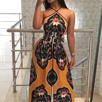

Women Casual Halter Jumpsuit 2019 Sexy Sleeveless Loose Wide Leg Pants Floral Playsuit Plus Size Bodysuit Hot