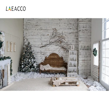 

Laeacco White Wood Wall Christmas Tree Bed Snow Fireplace Photography Backgrounds Winter Backdrops Room Interior Photocall Props