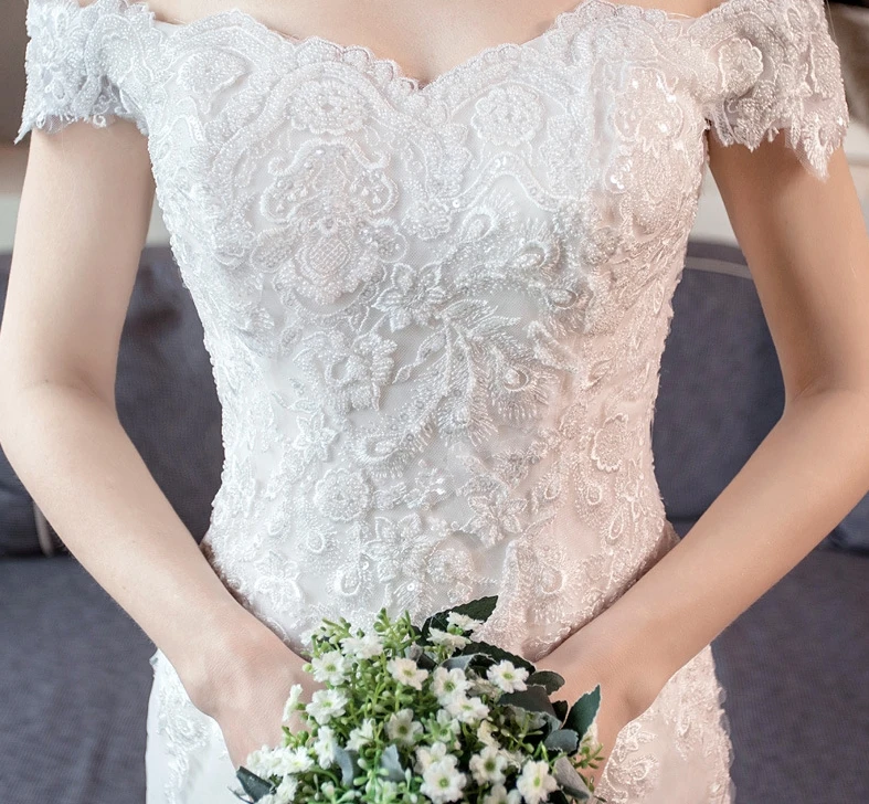 Robe de mariee легкий кремовый цвет кружева с аппликацией и юбкой-годе свадебное платье с плеча бисера Свадебные платья Abiti da sposa