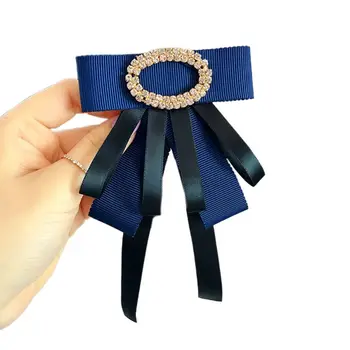 

Unisex Layered Contrast Color Ribbon Bow Tie Rhinestone Buckle Collar Brooch Pin