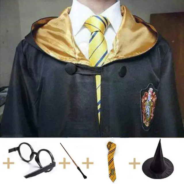 Маскарадный костюм Поттер костюмы робы плащ с галстуком-шарфом Ravenclaw/Gryffindor/Hufflepuff/Slytherin подарок на день рождения для детей - Цвет: Hufflepuff full Set1