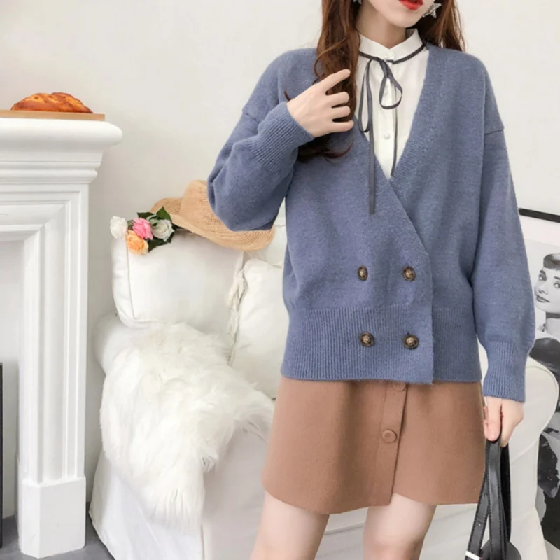 Korean Style Spring Autumn Sweet Loose Lazy Wind Button Knit Cardigan Pocket Jumper Sweater Long Lantern Sleeve Coat Women