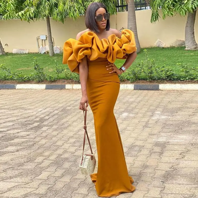 Mustard Yellow Mermaid Bridesmaids Dresses Ruffles Off Shoulder Wedding Guest Gowns Black Girl Maid Of the honor Dress Plus Size