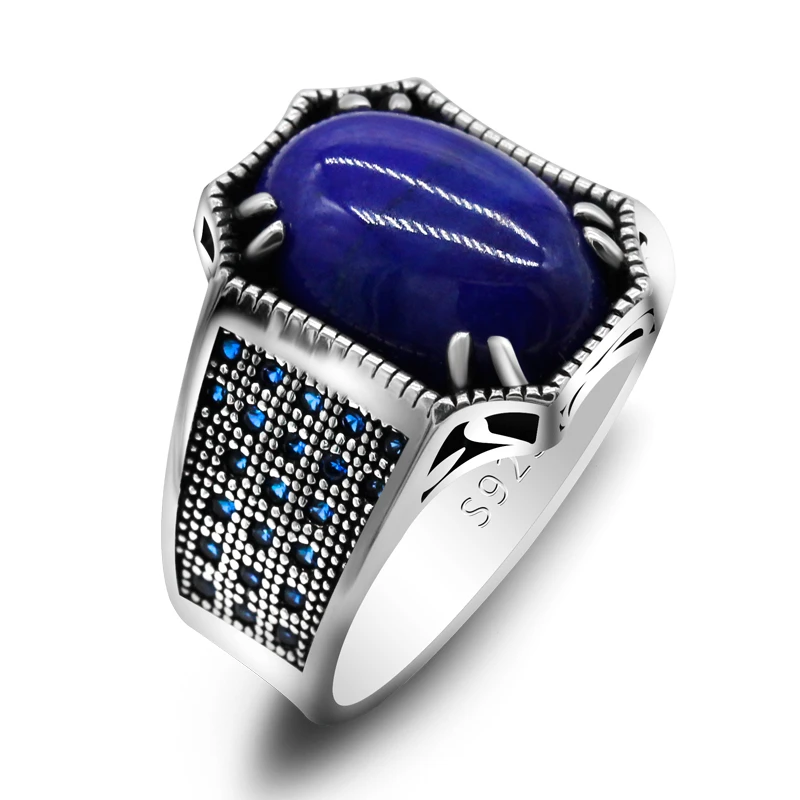 Anillo de plata S925 para hombre, piedra Natural de lapislázuli, piedra azul Punk, anillos de plata para hombre, joyería regalo| Anillos| - AliExpress