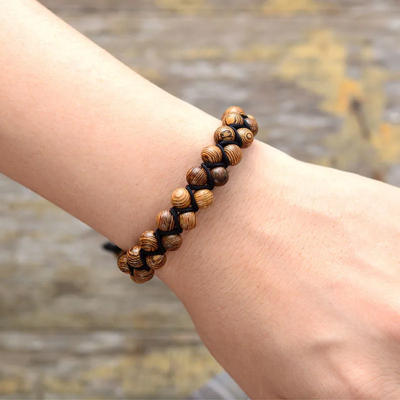 Men Bracelets Vintage Wood Black Cord Braided Bracelet Handmade Mens Beads Punk Friendship Bracelets Couples Gift - Image 3