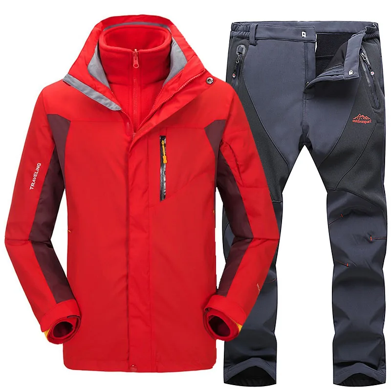 Плотный теплый лыжный костюм для мужчин, водонепроницаемая ветрозащитная Лыжная и Сноубордическая куртка, брюки, комплекты для улицы, для снега, кемпинга, походов, куртка, комплект - Цвет: Red    Gray