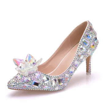 

7cm Women Sweet Big Colorful Crystal Pointed Toe Shoes Large Size 42 43 Brides Diamond Wedding Shoes Woman Dance Show Shoes