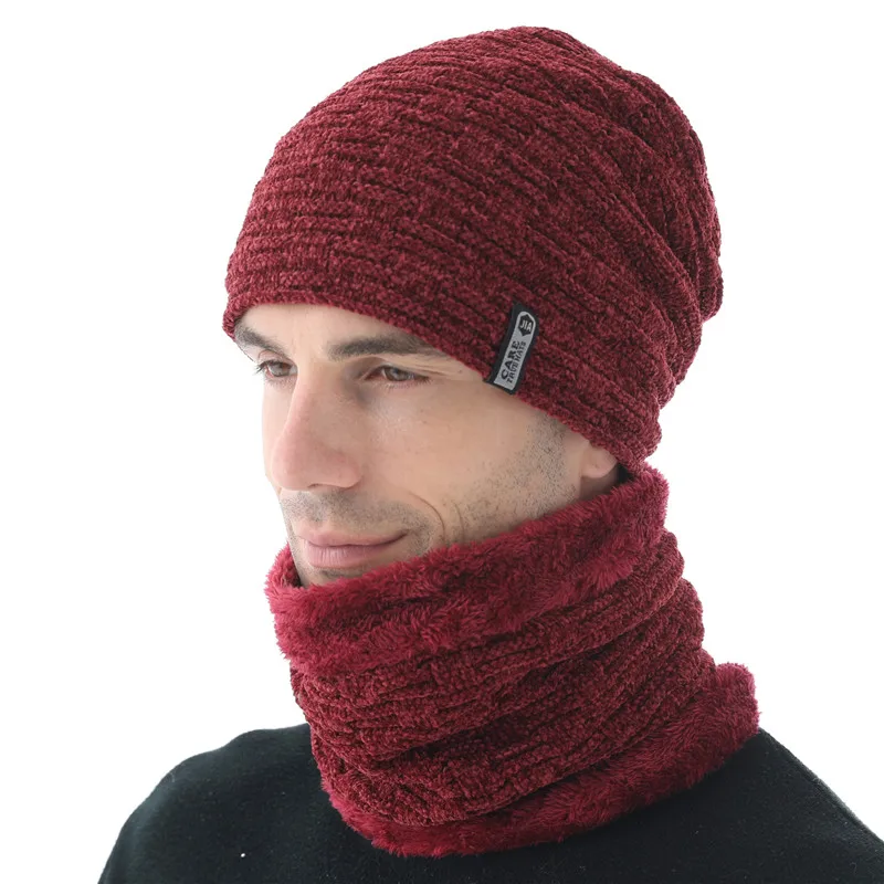 hat scarf set wine Xthree синель мужские шапки s Skullies шапка зимняя вязаная шапка шарф с подкладкой мужские зимние шапки для мужчин Beanie - Цвет: hat scarf set wine