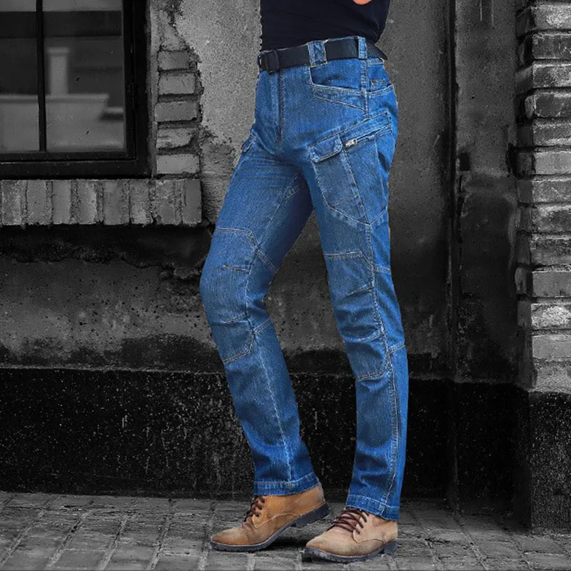 Мужские тактические джинсовые брюки эластичные полной длины с несколькими