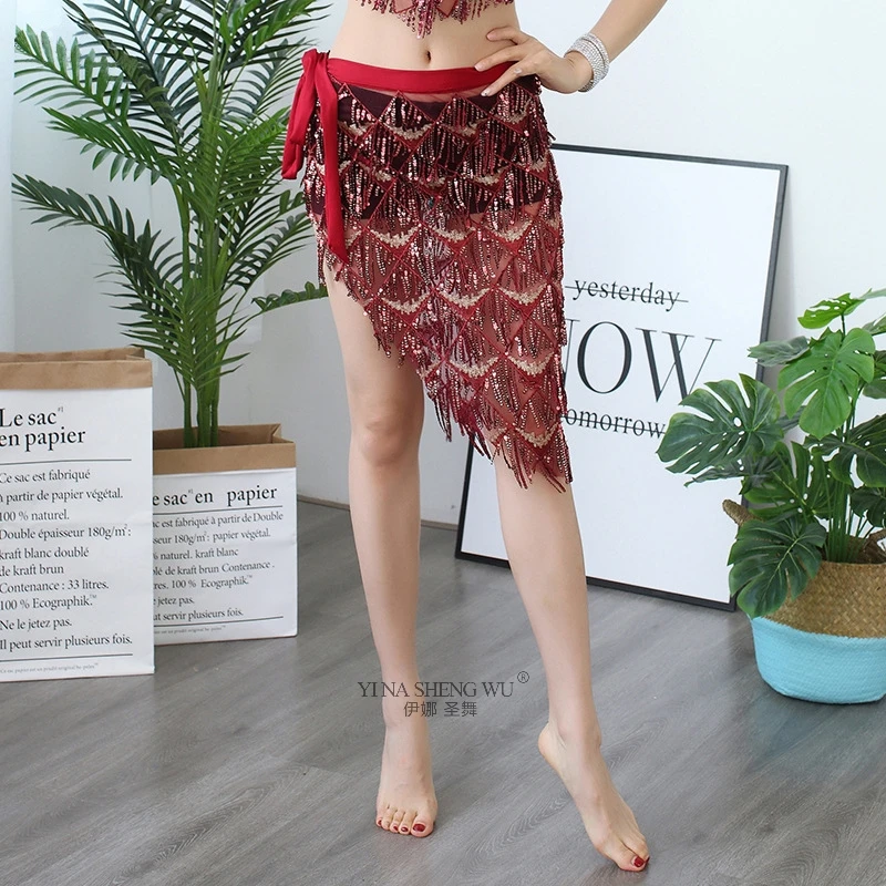 Сексуальный женский комплект для танца живота с блестками, тренировочные костюмы для танца живота, прозрачный сетчатый топ с длинным/половинным рукавом, кисточка, шарф, юбка - Цвет: 1200 Red Skirt