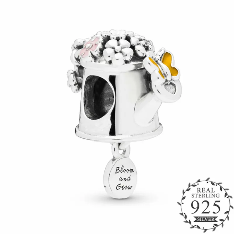 Fashion Spring Blooming Watering Can Charm Bead Fits Pandora Bracelets Original 925 Sterling Silver Bead DIY Jewelry