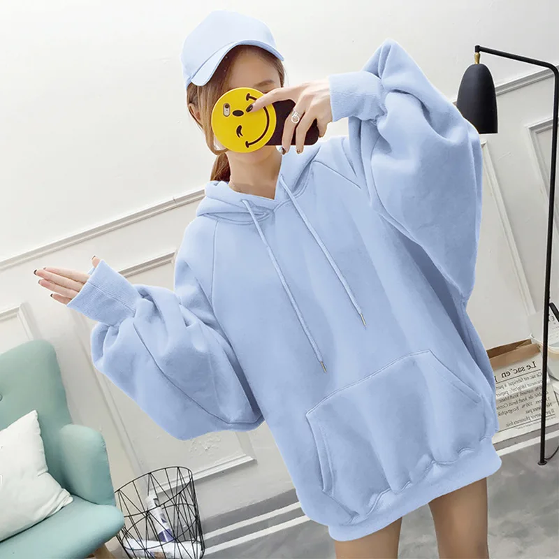 light blue Женская толстовка шикарная однотонная негабаритная толстовка с круглым вырезом Женская Осенняя Зимняя Повседневная Длинная толстовка с рукавами-фонариками - Цвет: light blue