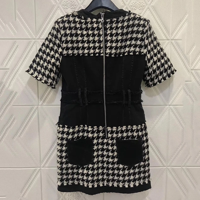 Short Sleeve O-neck Dress Women Autumn Button Pockets Tweed Mini Dress Female