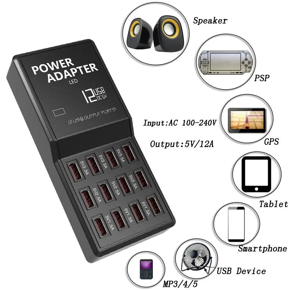 Многопортовое USB зарядное устройство 60 Вт настольная 12 портов usb зарядная станция Быстрая Зарядка адаптер питания для iPhone 11 samsung S10 huawei