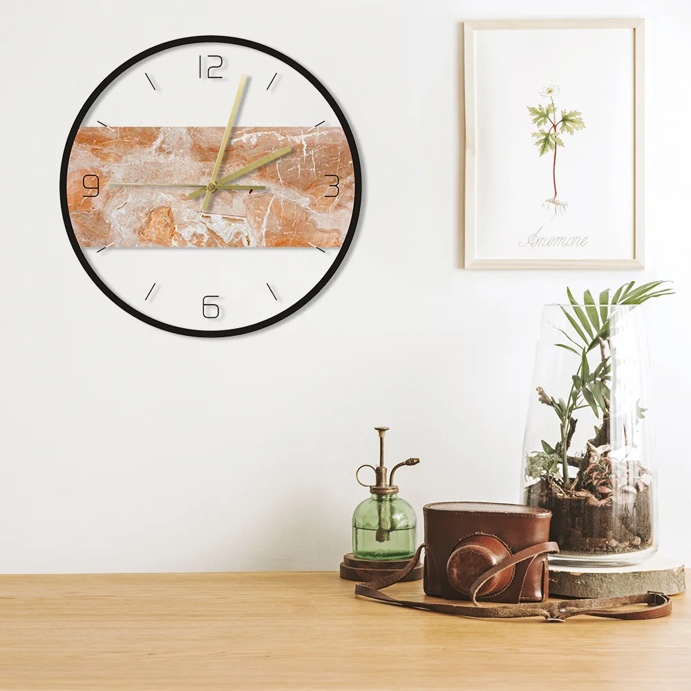 Orange Marble Texture Printed Wall Clock Rock Stone Style Abstract Art Contemporary Wall Clock Indoor Decor Silent Wall Watch