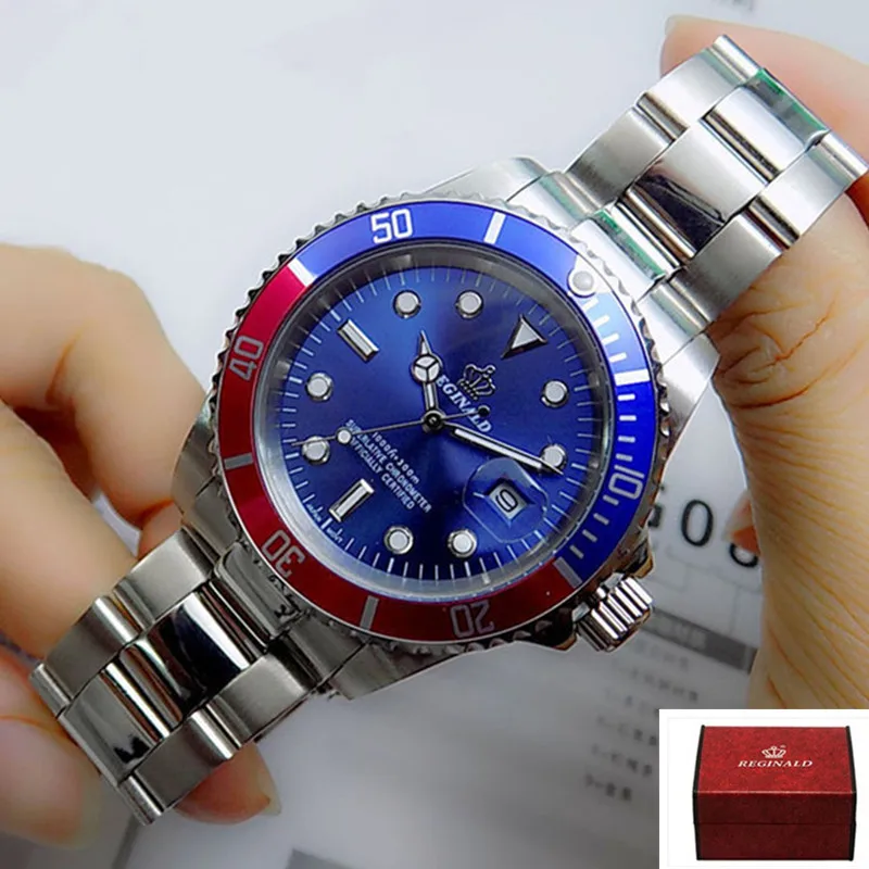 Роскошные Брендовые мужские часы Hk Crown с поворотным ободком GMT с сапфиром и датой, Спортивные кварцевые военные часы с голубым циферблатом, часы для мужчин - Цвет: Silver Blue Red box