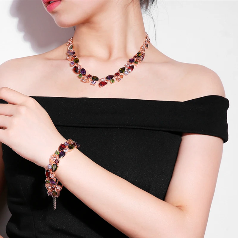 

AGLOVER 2020 New Necklace Earring Set Colored Water Drop Zirconia Mona Lisa Two Piece Set For Woman Wedding Jewelry Set Gift