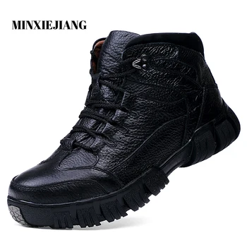 

Gloednieuwe Lederen Mannen Laarzen Mode Kwaliteit Winter Snowboots Waterdichte Bont Enkellaars mannen Warme Werkschoenen maat