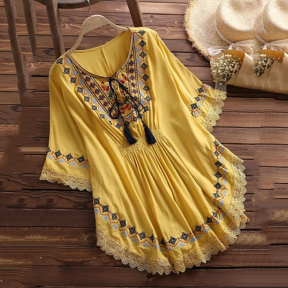 Boho Chic Этническая Вышивка Блузка женская белая рубашка Женская Туника рубашки весна лето блузка с бахромой модные черные пляжные Топы