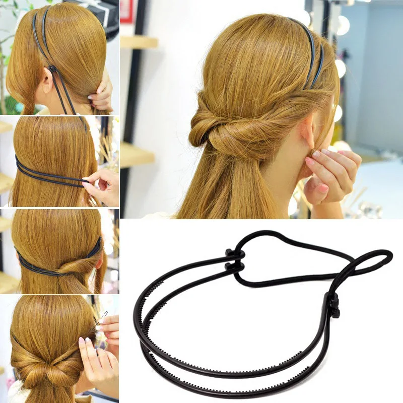 New Double Root Hair Hoop Head Band Adjustable Hair Clips Women Hoop Elastic Rubber Bands Ring Hair Styling Tools Hair Braider