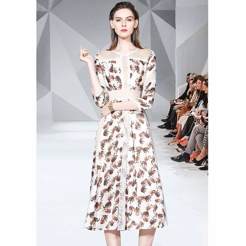 

Ozhouzhan 2019 Autumn New Style Elegant WOMEN'S Dress Europe And America Slim Fit Slimming Printed Lace Splicing Dress