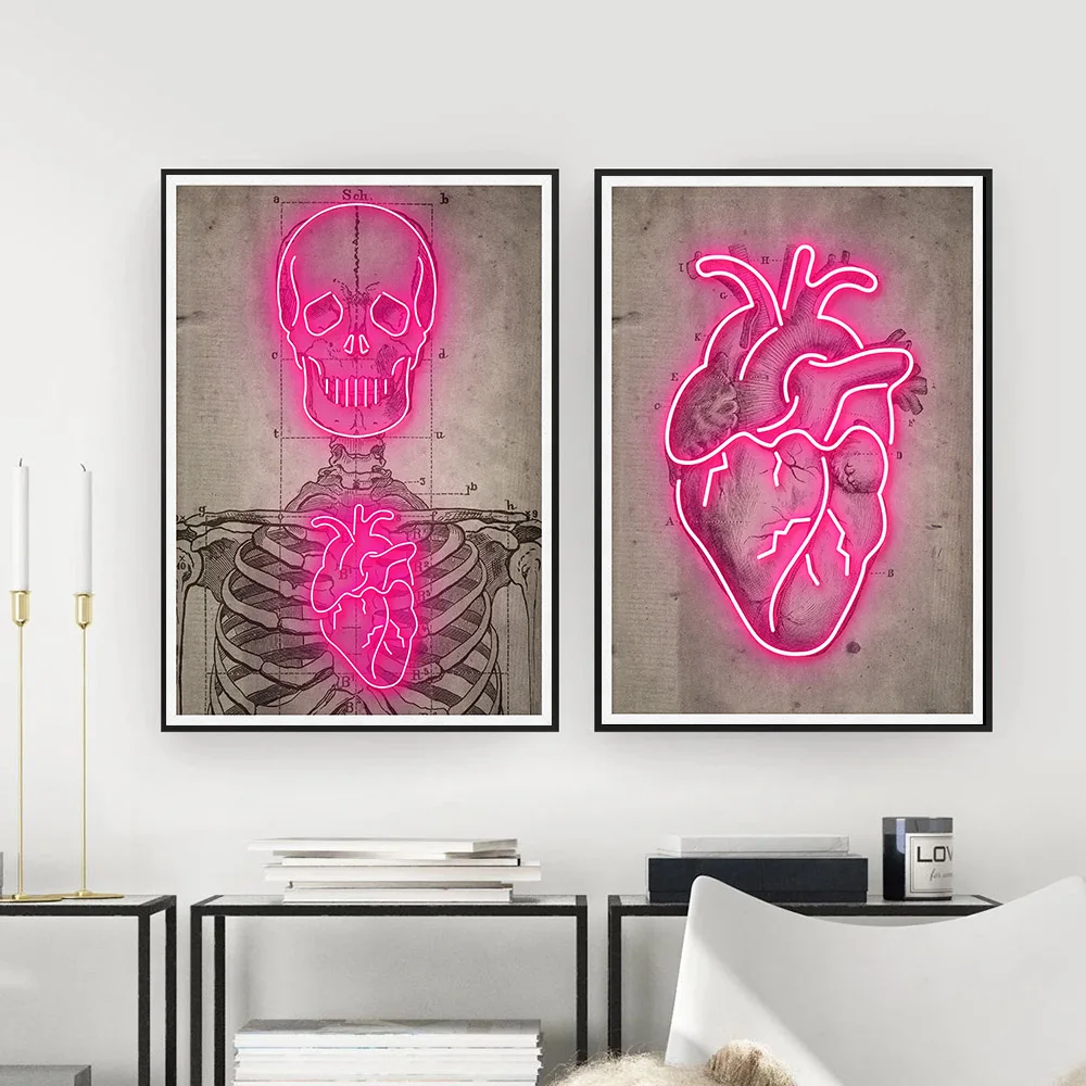 

Wall Art Canvas Painting Neon Heart Skeleton Vintage Picture Posters and Prints Mural For Living Room Bar Decoration Home Decor