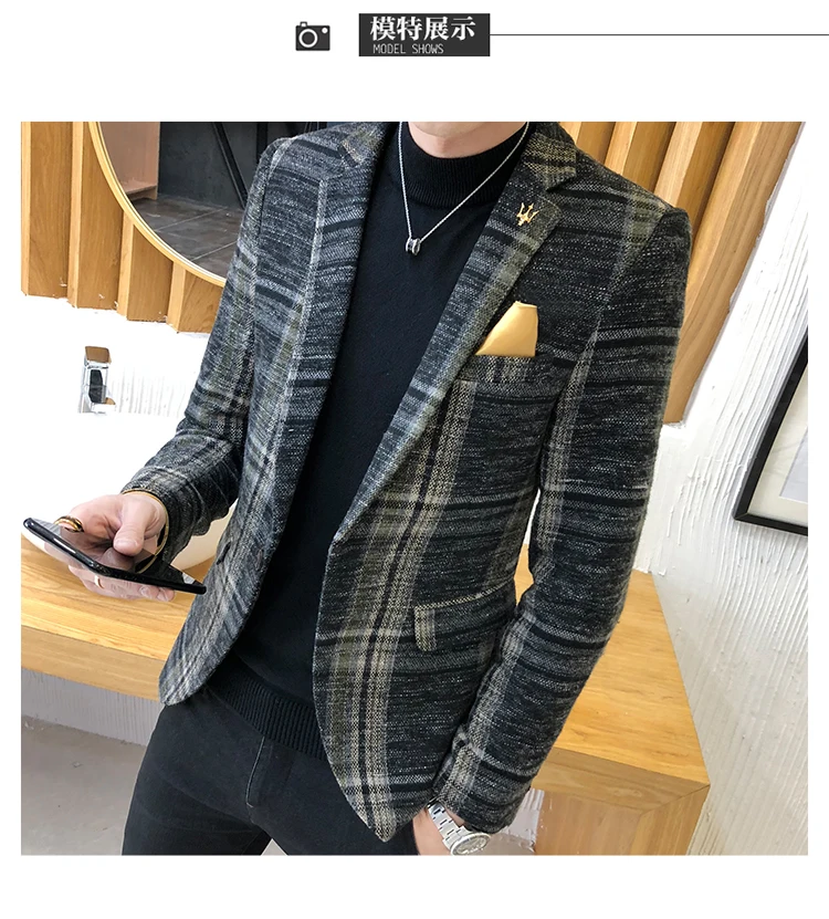 Мужской костюм дизайнерский Корейский мужской клетчатый Блейзер Masculino Slim Fit твид пуговица повседневный мужской Блейзер костюм пальто