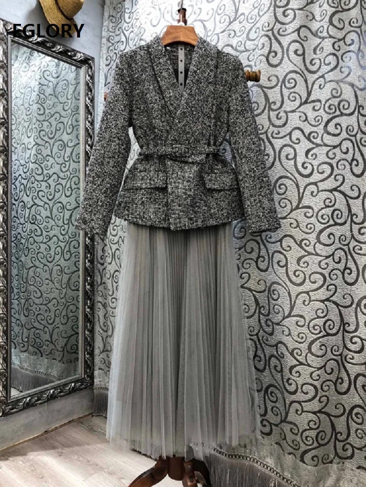 

Top Quality Designer Clothing Sets 2020 Autumn Winter Blazer Set Women Belted Grey Blazer Suits+Sexy Tulle Mesh A-Line Skirt Set