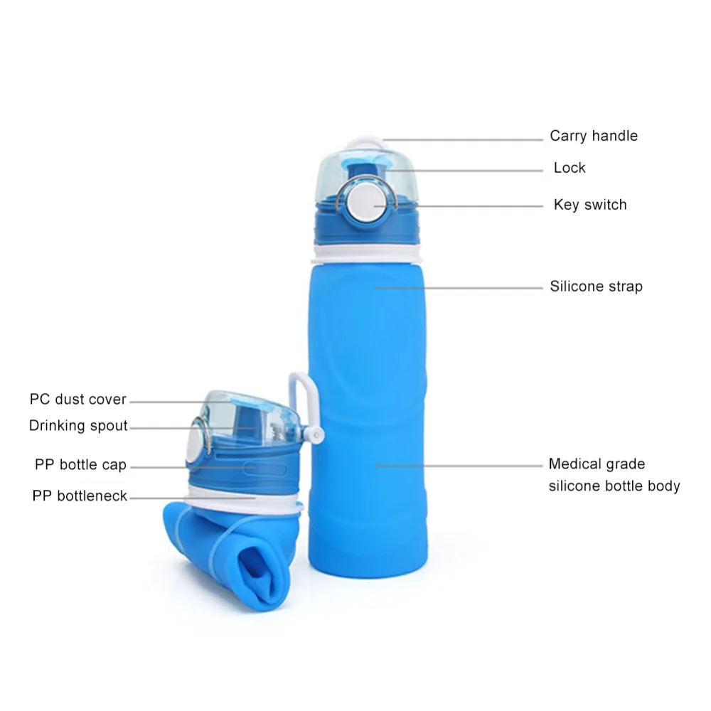 25 oz / 750ml Portable Eco-Friendly Silicone Folding Water Bottle Leak-Proof Outdoor Sports Bottle Suitable for Hiking Travel