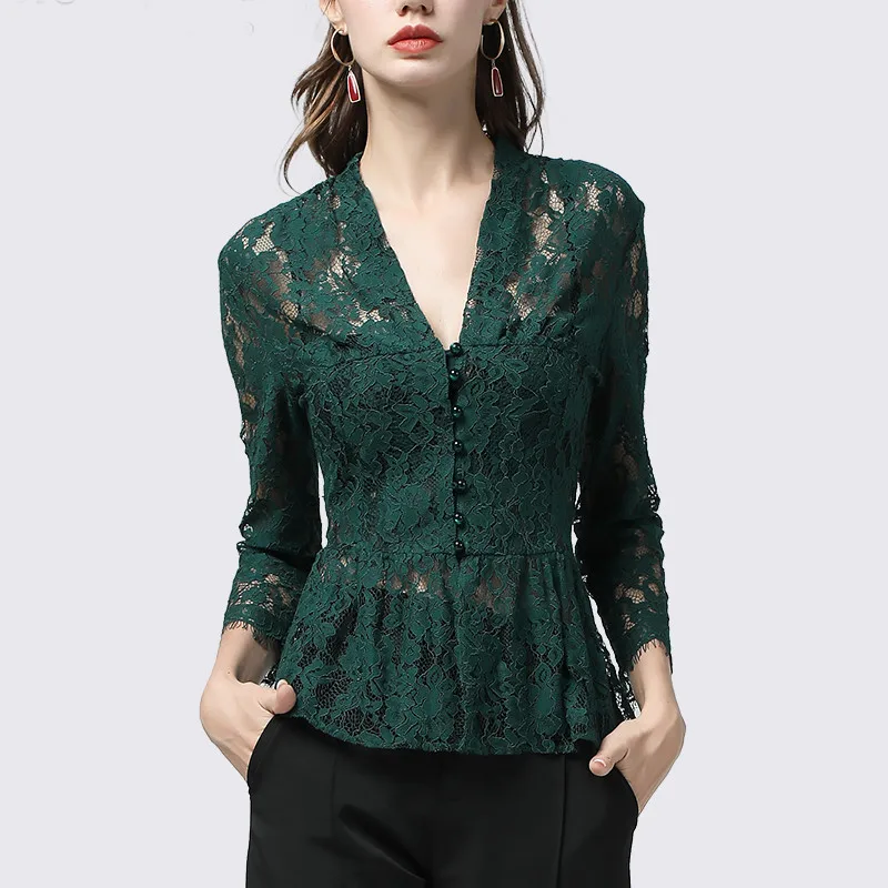 Green With Bra Кружевной топ Женская Весенняя летняя блузка с цветочным принтом зеленая рубашка с длинным рукавом v-образным вырезом из бисера элегантные офисные блузки с бюстгальтером бесплатно - Цвет: Green With Bra