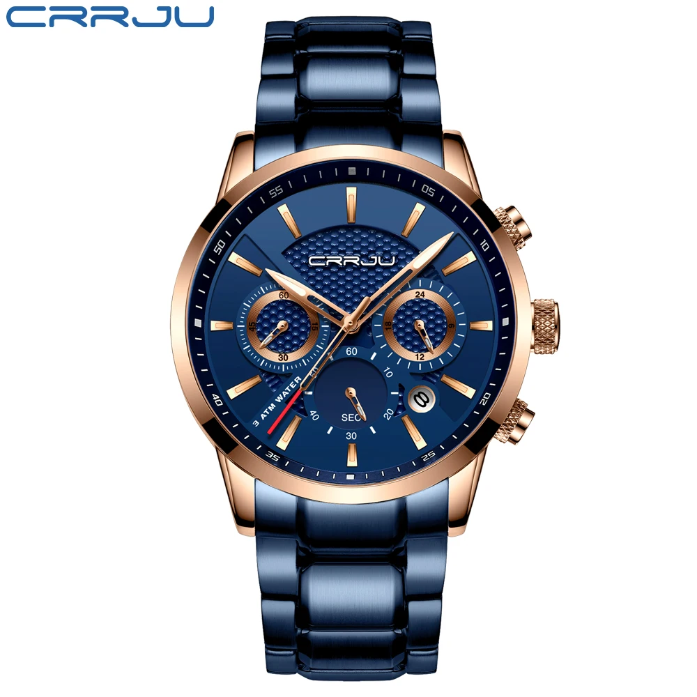 blue CRRJU мужские наручные часы с водонепроницаемым хронографом, военные армейские мужские часы из нержавеющей стали, роскошные Брендовые мужские спортивные часы 2212 - Цвет: blue