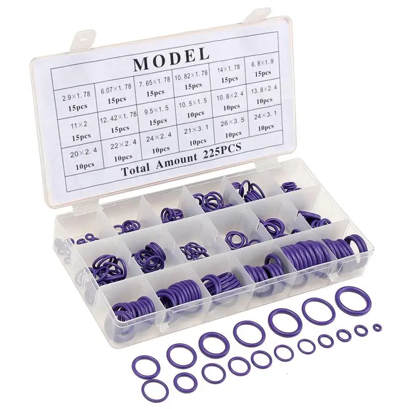 R22 R134a225Pcs O Ring Gaskets Car A/C System Air Conditioning O Ring Seals Washer Kit Tool HNBR Rubber Purple Standard Parts