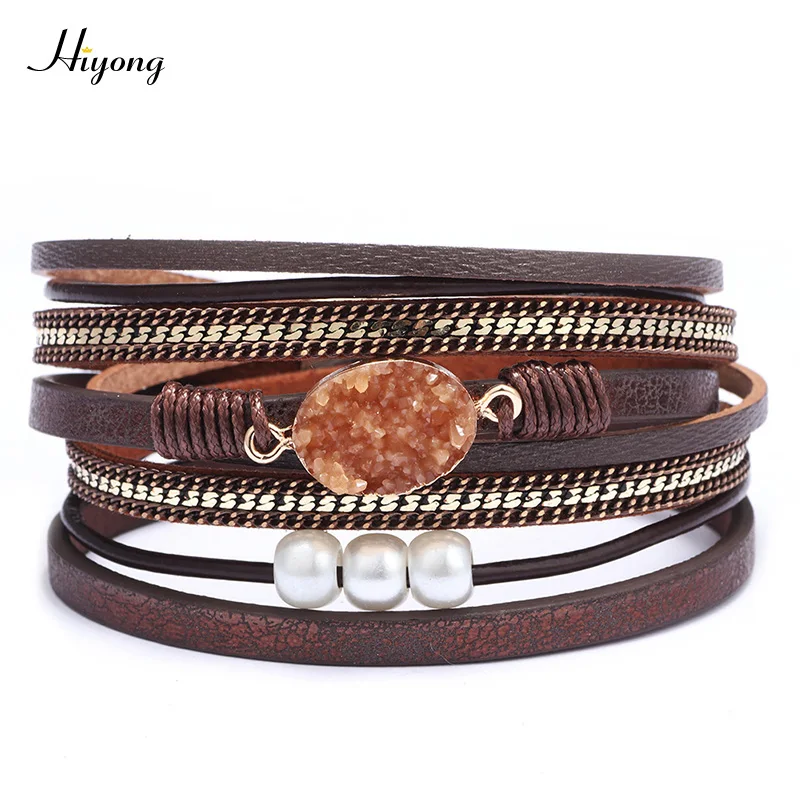 Wrap bracelet HIYONG, модные богемные многослойные кожаные браслеты для женщин, жемчужные пресной воды, очаровательные браслеты, Женские Ювелирные изделия - Окраска металла: Wrap bracelet