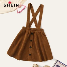 SHEIN/Детская коричневая Вельветовая юбка-сарафан на пуговицах спереди для девочек; консервативная юбка для детей; коллекция года; сезон осень; расклешенные юбки с перекрещивающимися сзади узорами для подростков