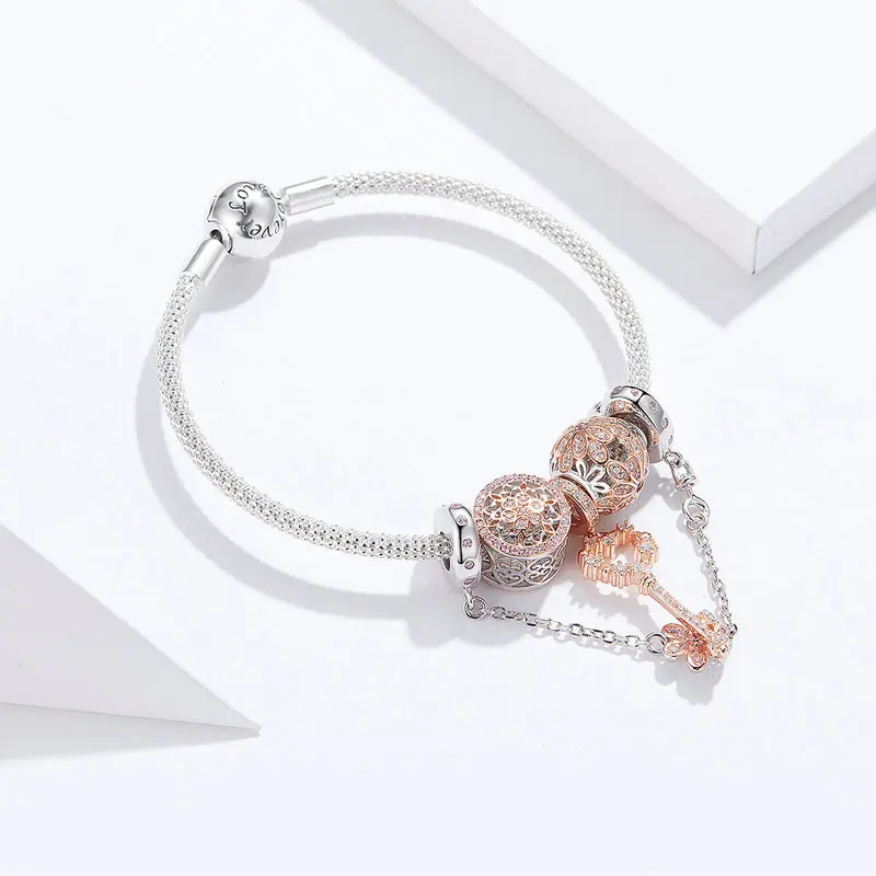 MOWIMO 925 пробы Серебряный Женский браслет и браслет Fit Blossom Цветок ключ бусины Подвески Украшения BKB824