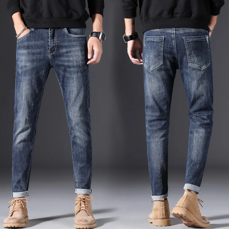 Spring Autumn Men Blue Long Jeans Casual Fashion Pencil Pants Middle Waist Male Denim Pants Teousers 2021 Street Slim Fit 48 plus size 2021 summer high quality men s baggy ripped solid pants cargo male casual denim fashion mens long jeans trousers