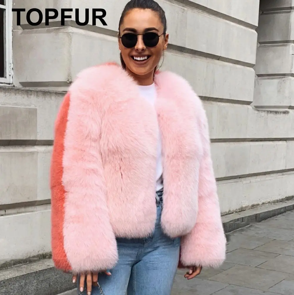 Женское пальто из натуральной кожи TOPFUR розовое и Коралловое двухцветное с