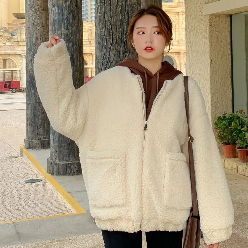 

20192018 New Style qian mi huang Korean-style Short Loose-Fit College Style Thick Lamb's Wool Cotton Overcoat Women's Winter