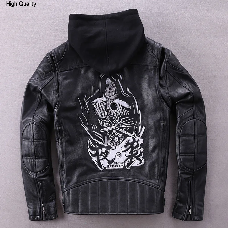 

Fashion Genuine Leather Jacket Men Black Embroidery Hooded Biker Motorcycle Jacket Slim fit Cowskin Real Leather Coat