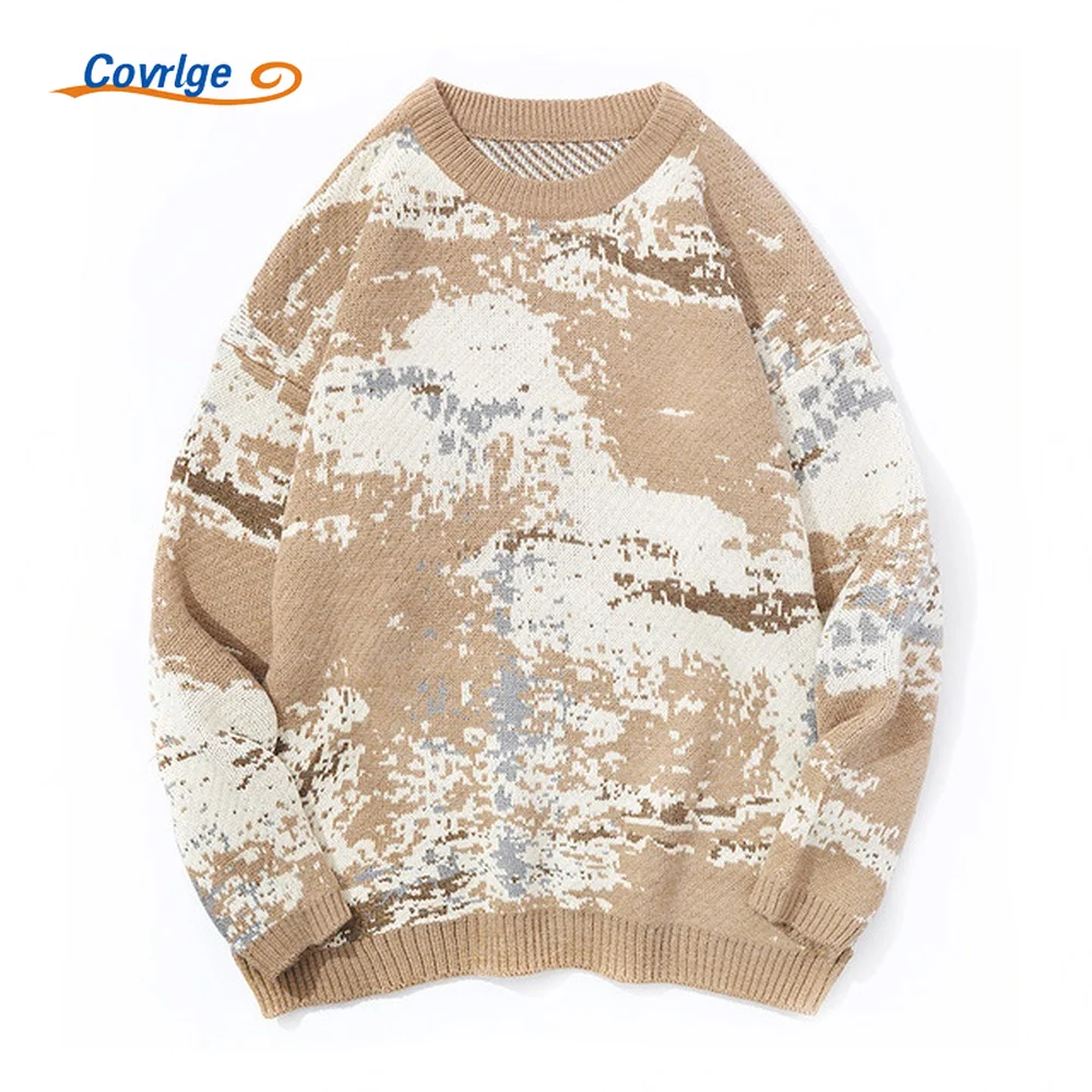 Covrlge Oversize Round Neck Men's Knit Sweater Camouflage Retro Lazy Pullover Korean Version Trend Loose Style Male MZM118